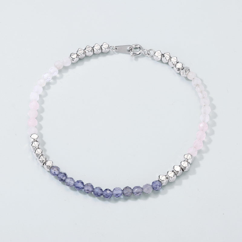 熱銷!S925 厚銀白金,堇青石粉水晶白月光石漸變手鍊