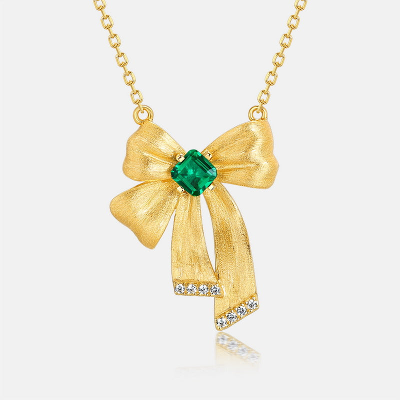S925 sterling silver plated with 10K gold hand-brushed bow cultivated emerald necklace | European and American retro palace light luxury necklace aristocratic ribbon design