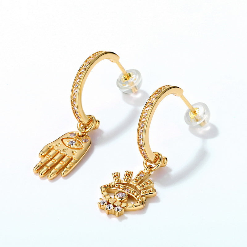 S925 純銀鍍 9K 金耳環 | 惡魔之眼與法蒂瑪之手 仿鑽點綴 歐美神秘風必備