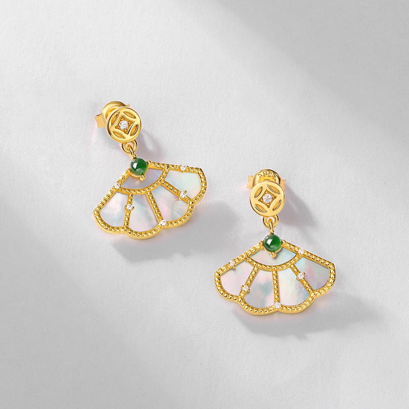 S925 sterling silver plated with 10K gold, simple and stylish, white shell green jade fan set