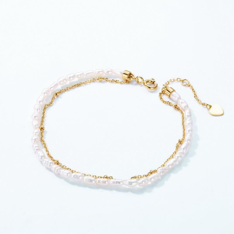 S925 純銀鍍 10K 金雙層手鏈|天然淡水小米珠 日韓風甜美必備