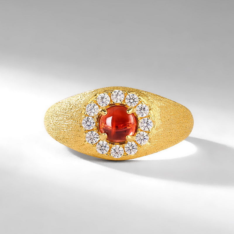 S925 sterling silver with 10K gold plated hand-brushed red garnet ring | Imitation diamond retro palace style ring high-end jewelry