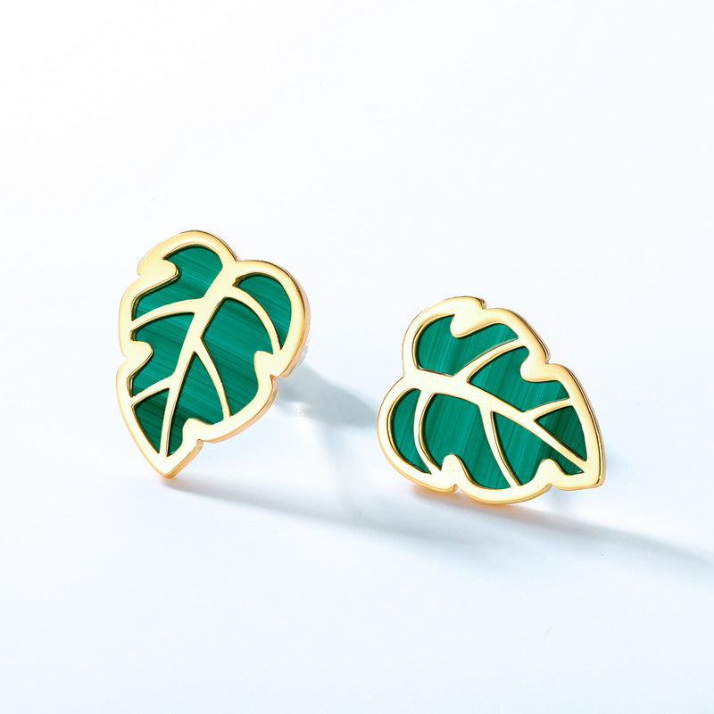 S925 純銀鍍 10K 金日韓風耳環|天然孔雀石龜背竹葉造型 清新活力首選