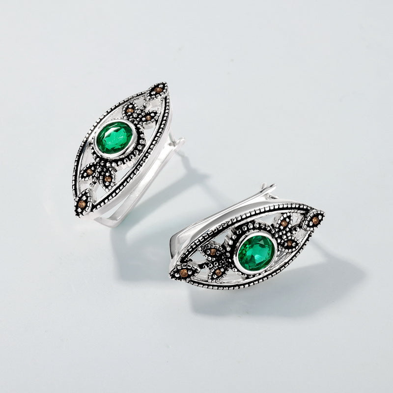 S925 Sterling Silver Plated Polished Silver European and American Style Jewelry Set | Cultivated Emerald Vintage Luxury Earrings, Ring, and Necklace