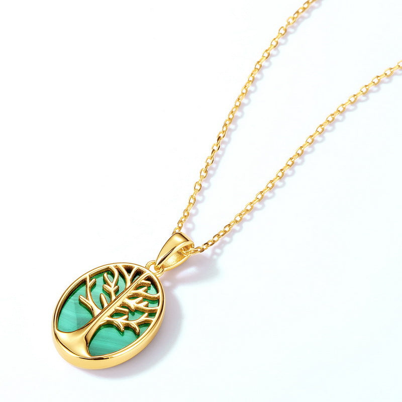 S925 純銀鍍 10K 金項鍊 | 天然孔雀石生命樹造型,歐美自然風必備