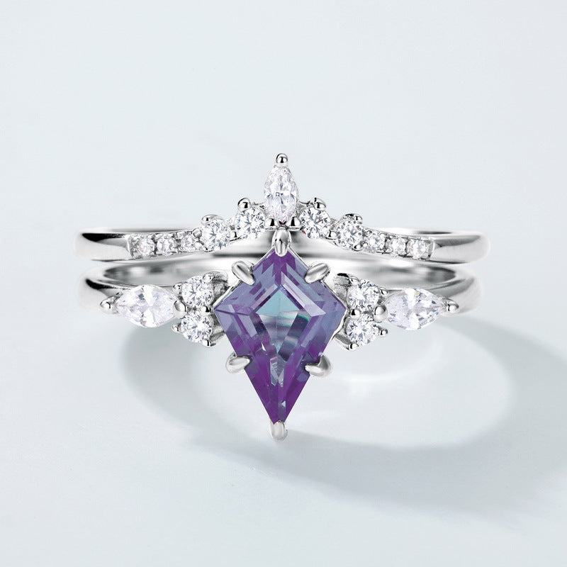 S925 sterling silver with thick platinum and European and American style ring set | Cultivated Alexandrite imitation diamond star shape June birthstone ring