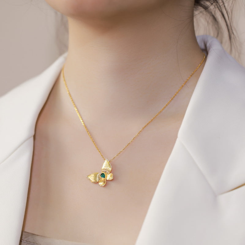 S925 sterling silver plated with 10K gold, hand-brushed, cultured emerald butterfly set | Light luxury vintage earrings and necklace, high-end jewelry two-piece set