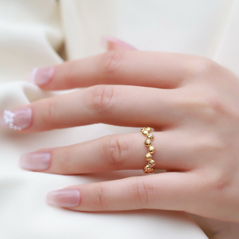 S925 sterling silver with 10K gold plated hand-brushed round bead ring | Imitation diamond light luxury stacking ring fashionable jewelry