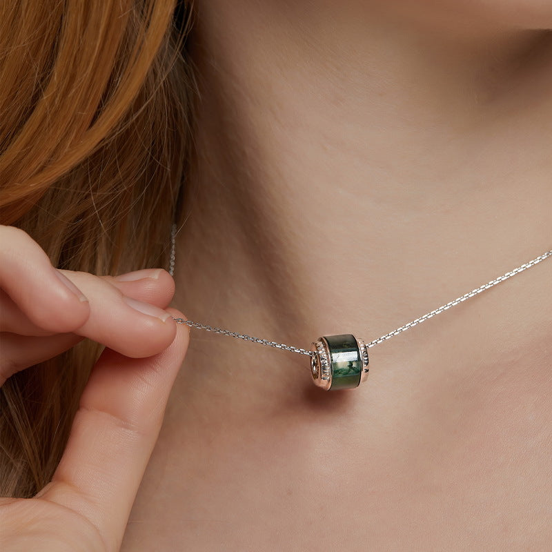 S925 sterling silver plated with thick silver and white gold green moss necklace | Natural healing clavicle necklace forest jewelry