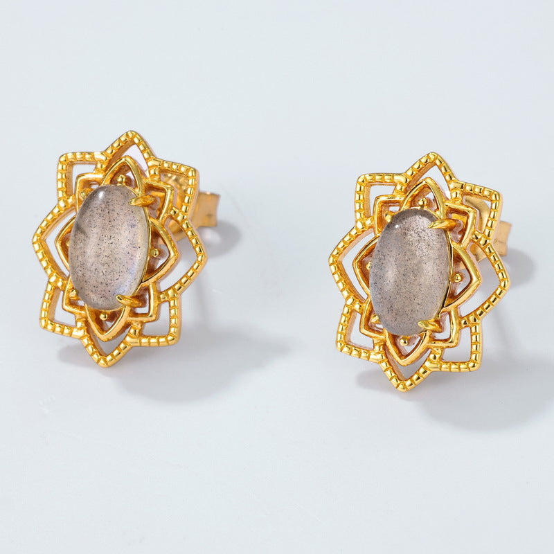 S925 純銀鍍 10K 金歐美風耳環|天然拉長石 花形鑲嵌奢華必備