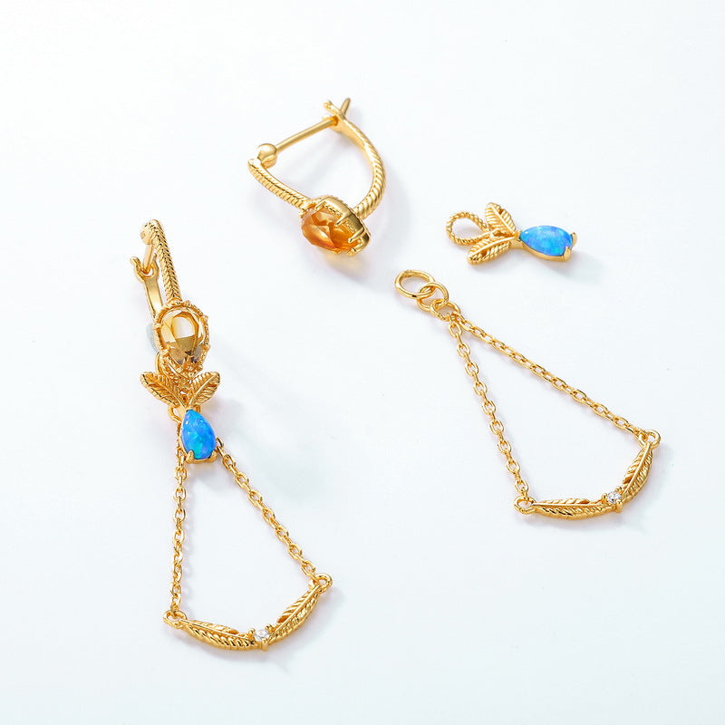 S925 純銀鍍 9K 金 DIY 耳環|天然黃水晶配合成藍歐泊 時尚創意首選