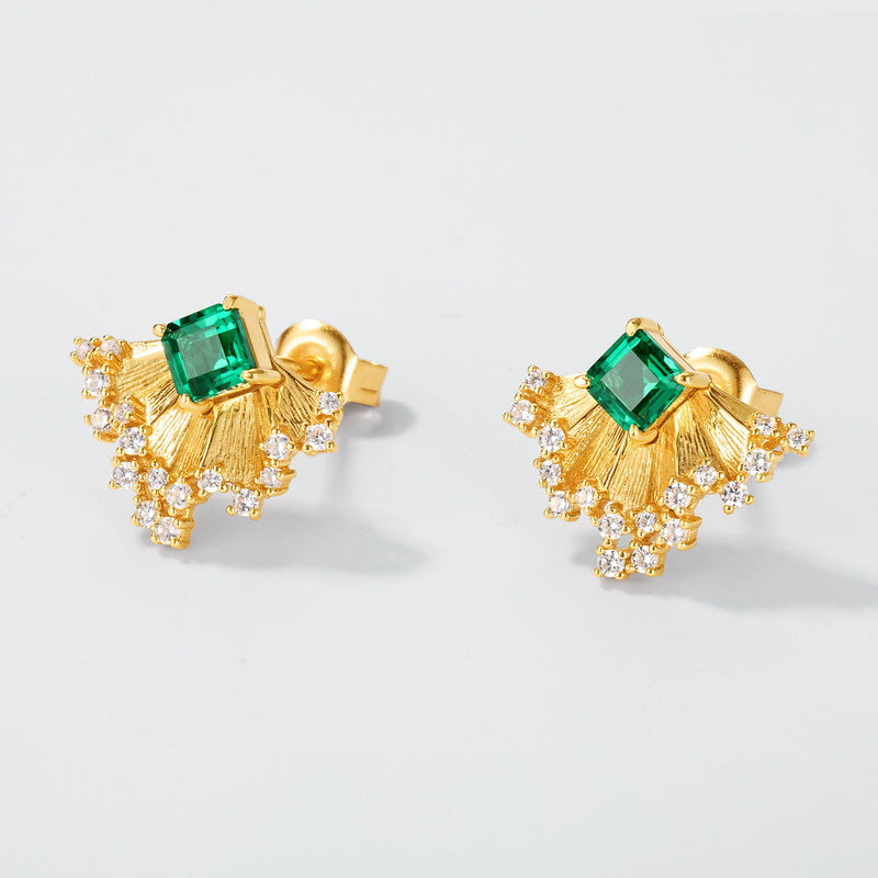 S925 sterling silver with 10K gold plated brushed cultured emerald and simulated diamond fan-shaped jewelry set | Luxurious and exquisite, suitable for dinner parties and important occasions