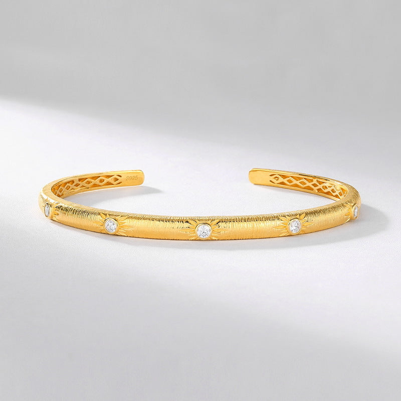 S925 sterling silver with 10K gold plated hand-brushed imitation diamond bracelet | Light luxury commuter open bracelet workplace fashion jewelry