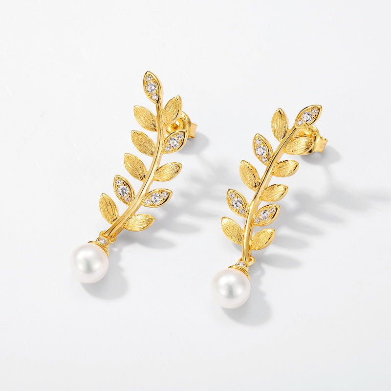 S925 sterling silver with 10K gold plated hand-brushed olive branch jewelry set | European and American fashion art light luxury earrings and rings street leaf design