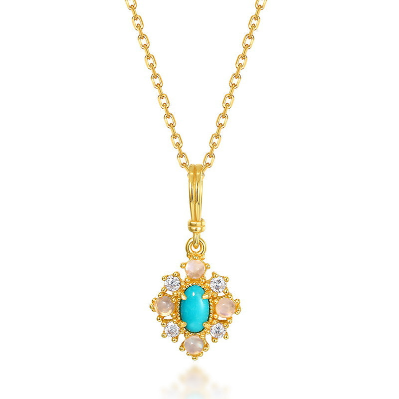 S925 sterling silver plated with 10K gold Japanese and Korean style natural turquoise exquisite retro pendant ring set
