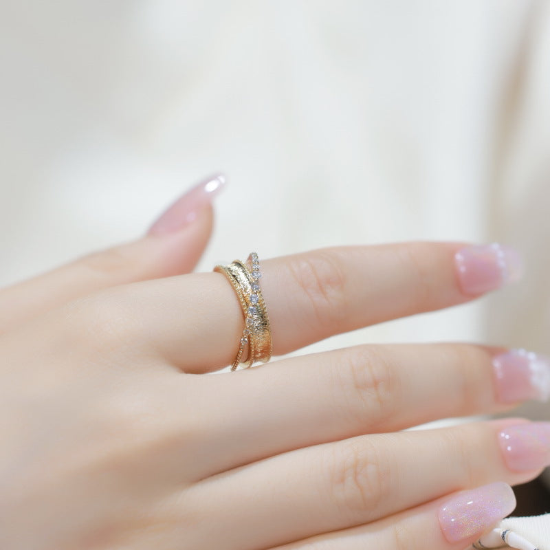 S925 sterling silver with 10K gold plated hand-brushed cross-imitation diamond ring | Retro palace luxury ring high-end jewelry