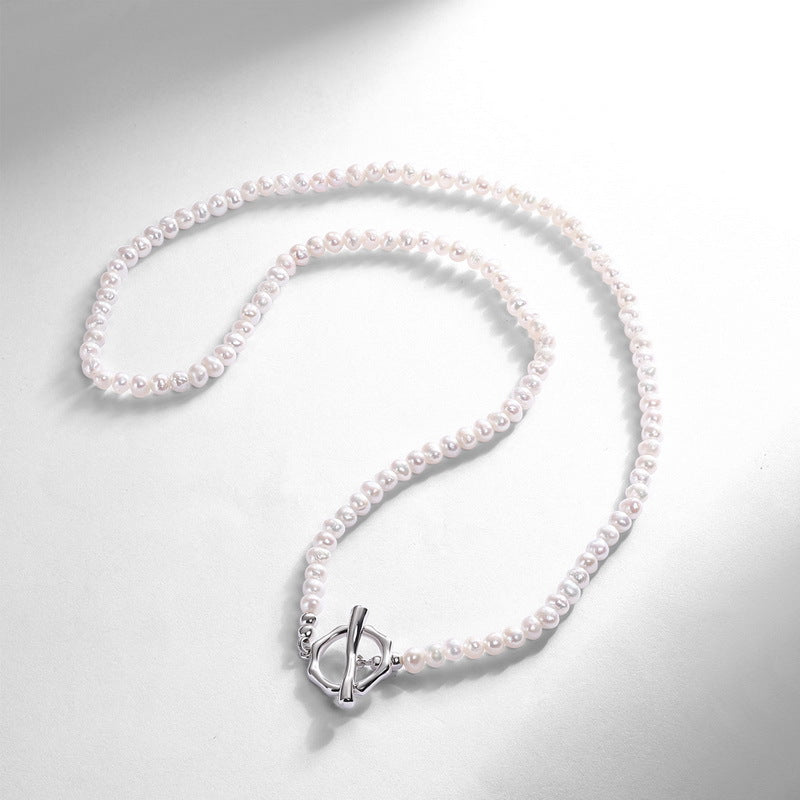 S925 sterling silver with thick silver platinum buckle and natural freshwater pearl necklace | Elegant clavicle necklace, a must-have for your outfit