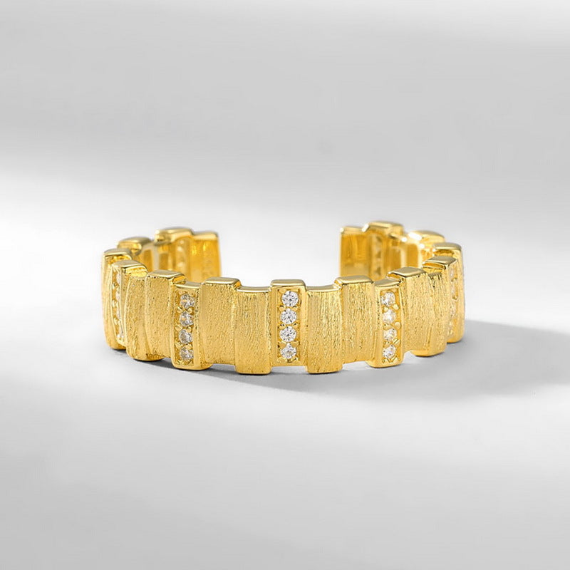 S925 sterling silver with 10K gold plated hand-brushed imitation diamond ring | Urban luxury bamboo design personalized texture ring