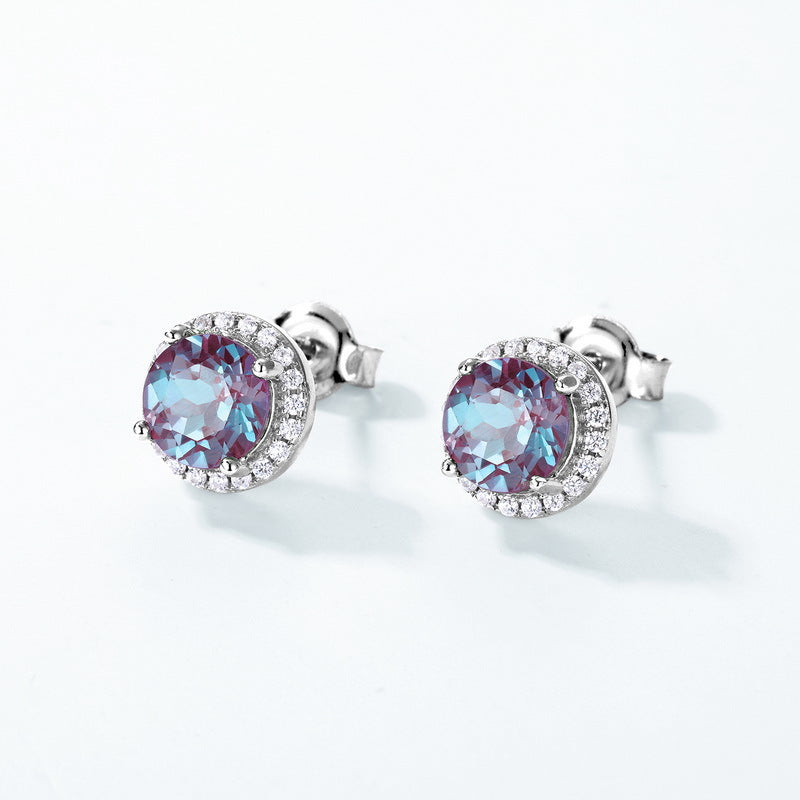 S925 sterling silver with thick platinum Alexandrite stud earrings | Luxurious color-changing earrings with imitation diamonds