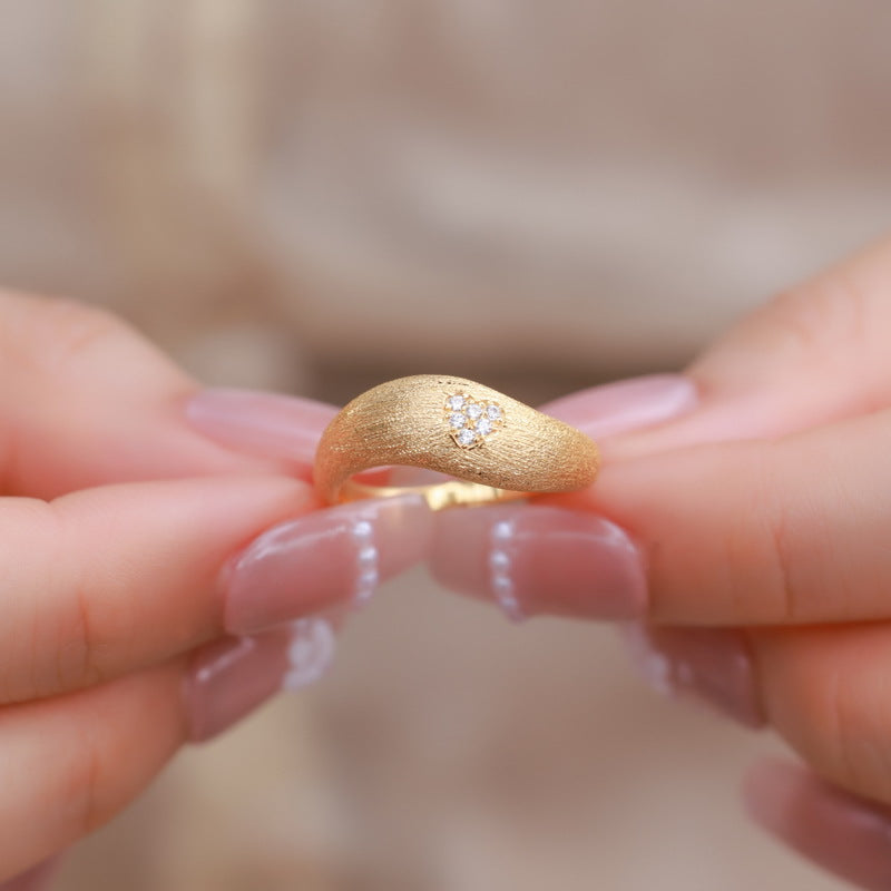 S925 sterling silver with 10K gold plated hand-brushed heart-shaped imitation diamond ring | Japanese and Korean exquisite light luxury ring with granular texture design