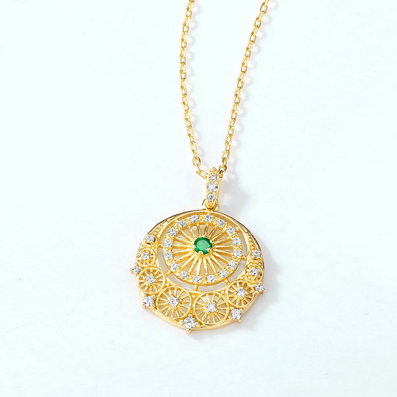 歐美風熱銷!S925 純銀鍍 10K 金,天然祖母綠仿鑽太陽輪造型項鍊