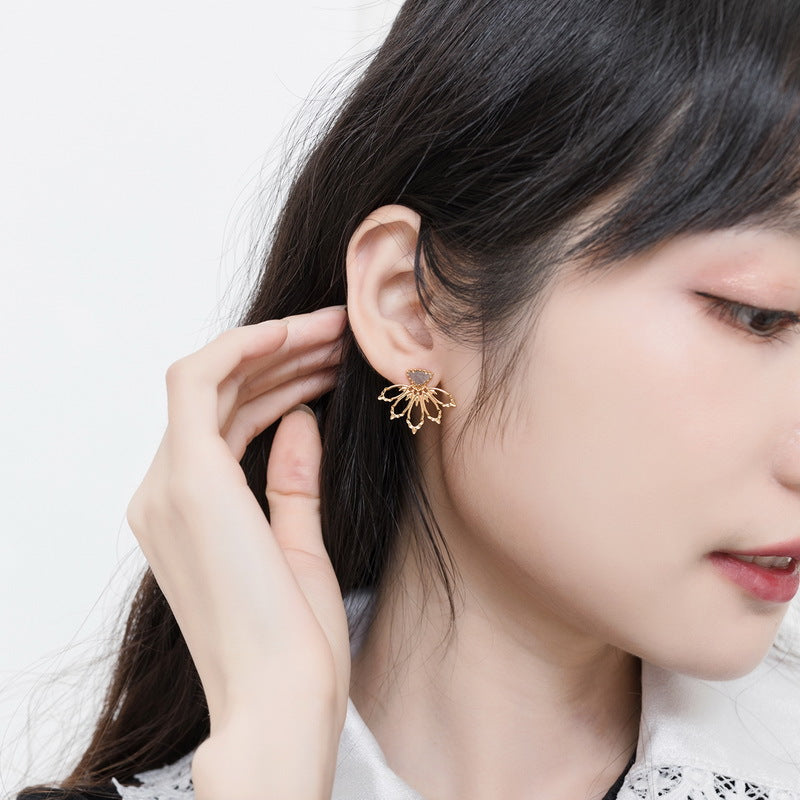 S925 純銀鍍 9K 金耳釘|天然拉長石鑲嵌 歐美風時尚首選