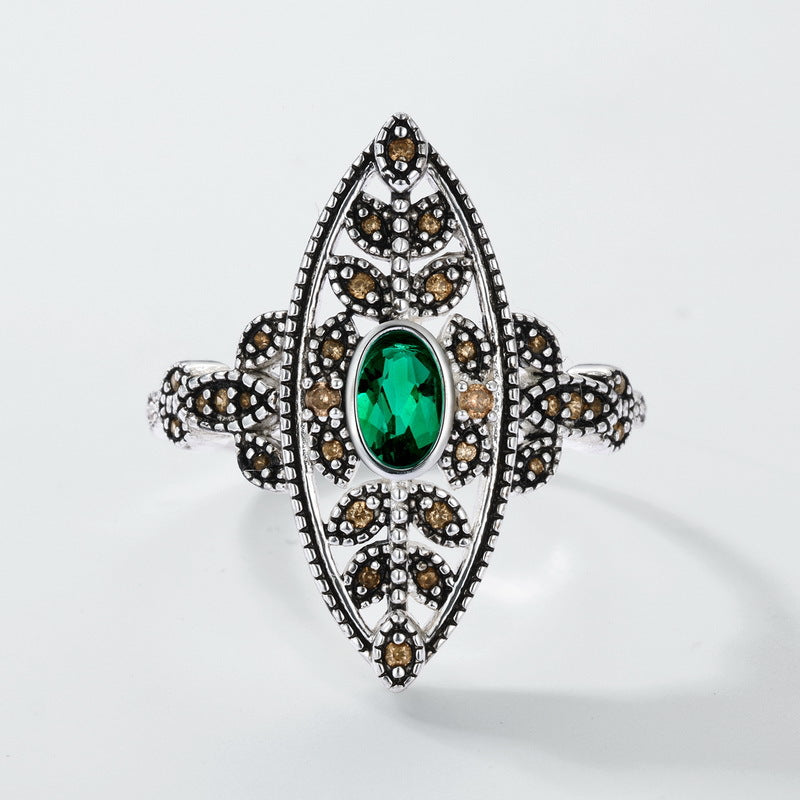 S925 Sterling Silver Plated Polished Silver European and American Style Jewelry Set | Cultivated Emerald Vintage Luxury Earrings, Ring, and Necklace