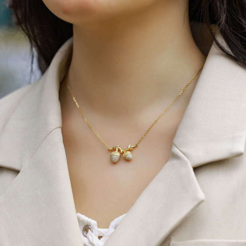 S925 sterling silver with 10K gold sandblasted acorn necklace | Double fruit imitation diamond clavicle necklace light luxury forest style fashionable jewelry
