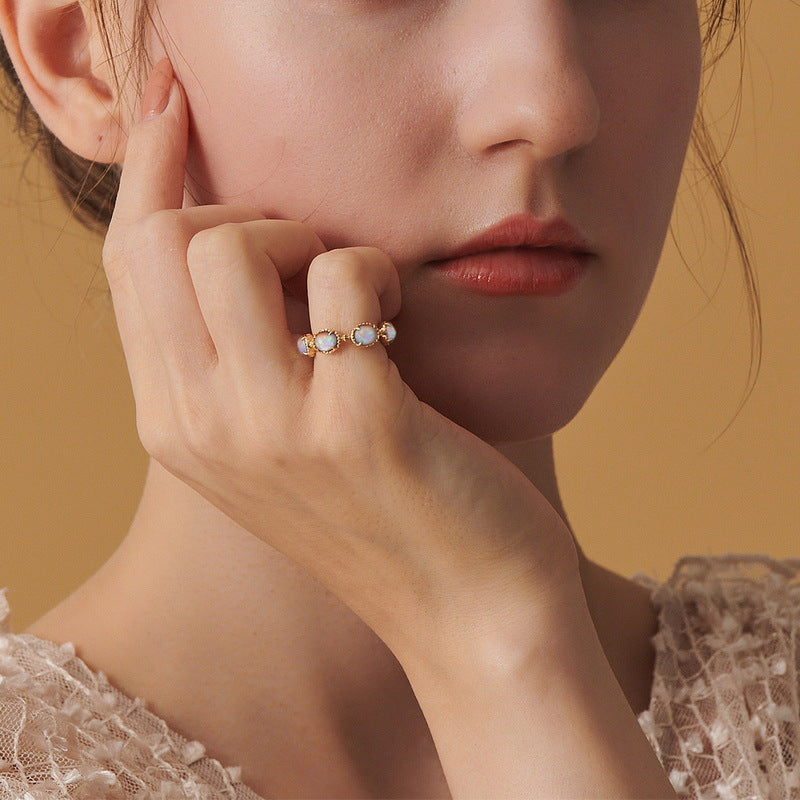 S925 sterling silver with 10K gold plated Japanese and Korean style ring | Synthetic Opal Fantasy Light and Shadow Ring