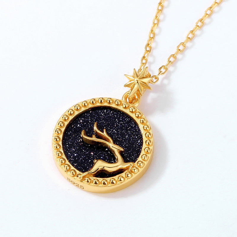 S925 sterling silver plated with 10K gold simple and stylish starry sky elk natural blue crystal sand pendant