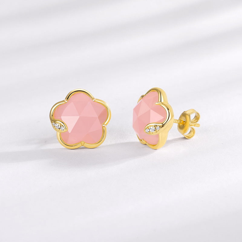 日韓風浪漫甜美必備!S925 純銀鍍 10K 金,天然粉水晶仿鑽五葉花套裝