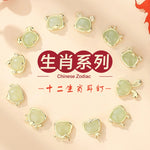 S925 sterling silver and gold-plated Chinese Zodiac earrings | Hetian jade design to attract wealth and protect