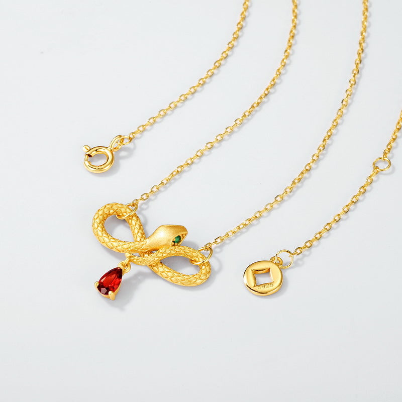 S925 sterling silver plated with 10K gold hand-brushed snake-shaped garnet necklace | The twelve zodiac snakes, oriental mysterious Zen light luxury jewelry