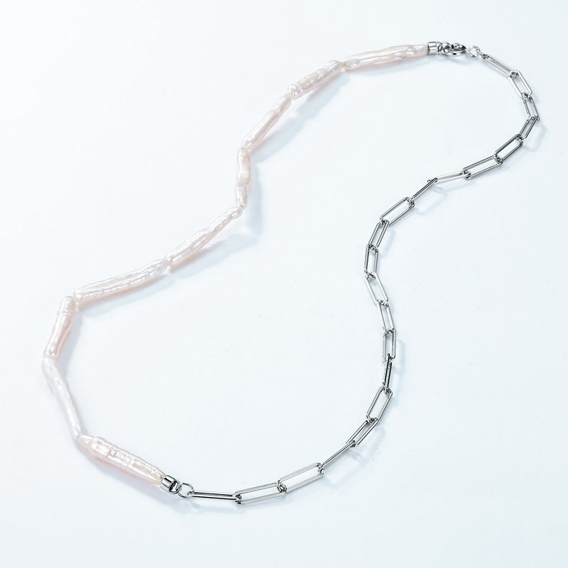 S925 sterling silver plated with thick silver and white gold toothpick pearl necklace | Minimalist high-end clavicle chain texture must-have