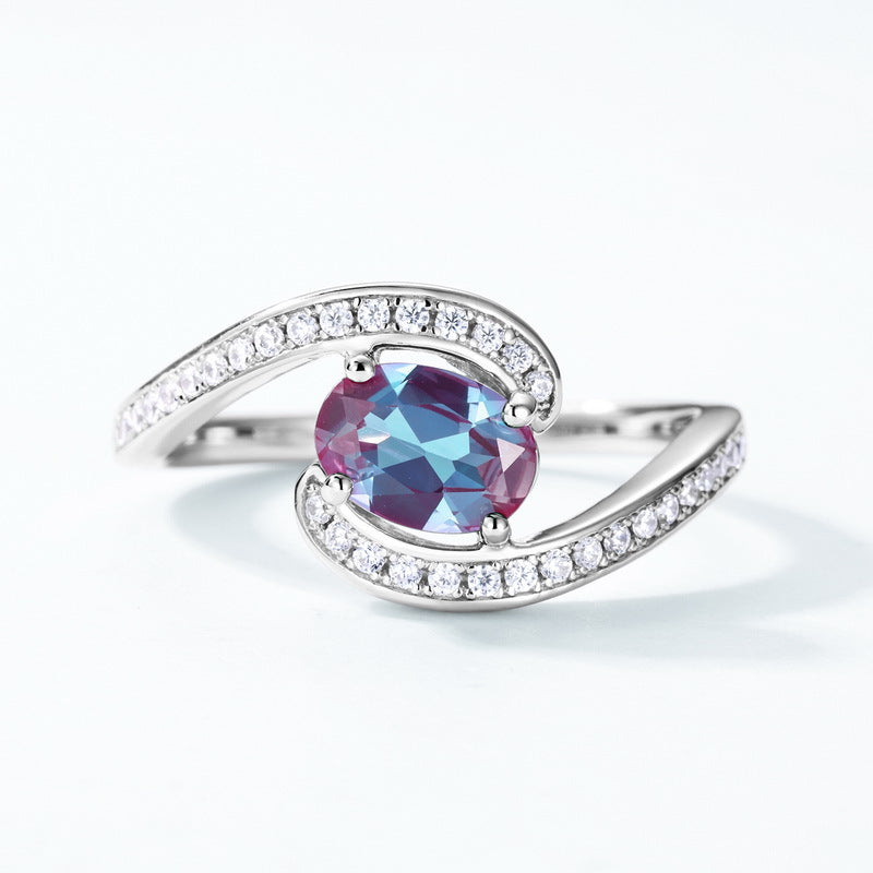 S925 sterling silver plated with thick silver and platinum ring | Cultivated Alexandrite imitation diamond European and American style June birthstone color-changing ring