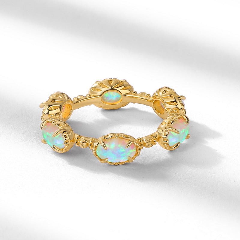 S925 sterling silver with 10K gold plated Japanese and Korean style ring | Synthetic Opal Fantasy Light and Shadow Ring