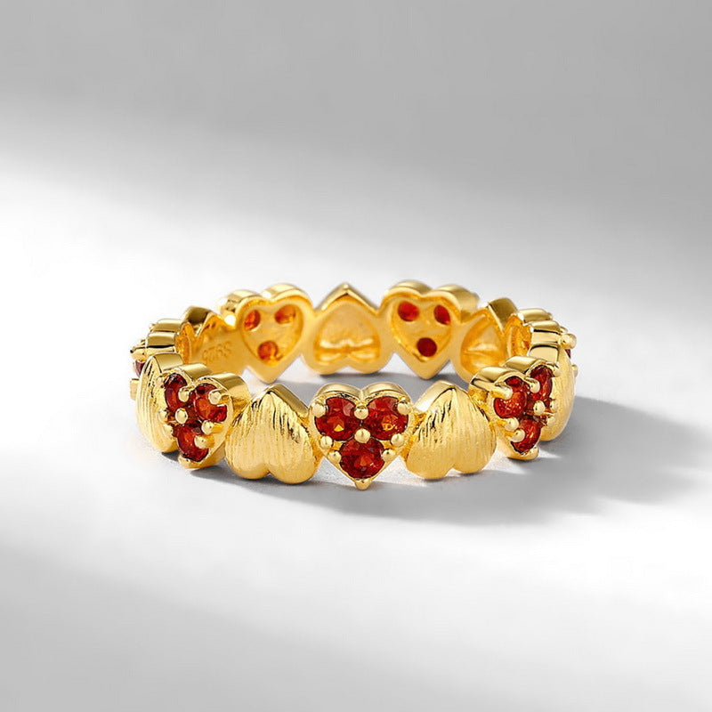 S925 sterling silver plated with 10K gold hand-brushed red garnet heart ring | Retro palace ring high-end jewelry