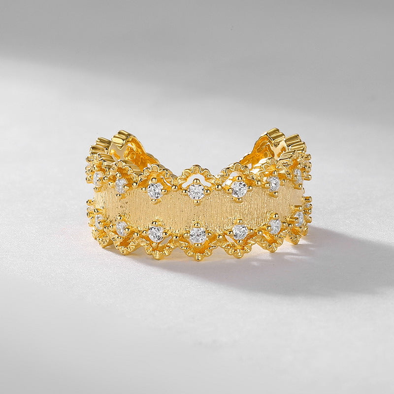 S925 sterling silver plated with 10K gold hand-brushed imitation diamond wavy ring | light luxury and versatile European and American style fashion jewelry