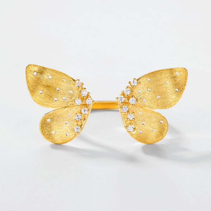 S925 sterling silver with 10K gold plated hand-brushed butterfly ring with imitation diamonds | Forest-style smart light luxury ring natural style jewelry