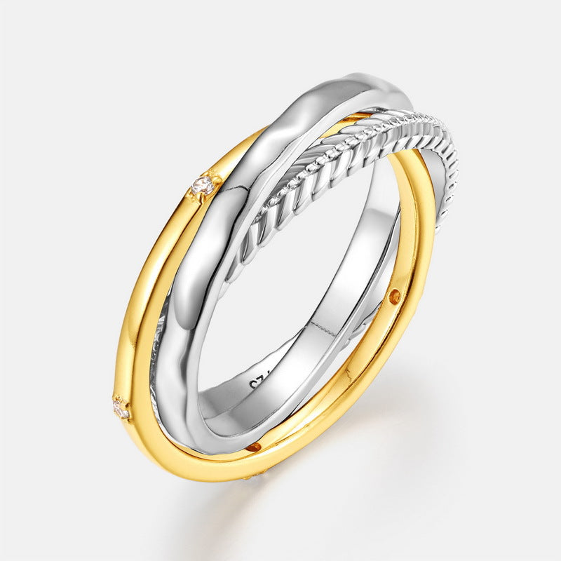 S925 純銀鍍 10K 金 + 厚銀白金日韓風戒指|仿鑽交織設計 時尚精緻之選