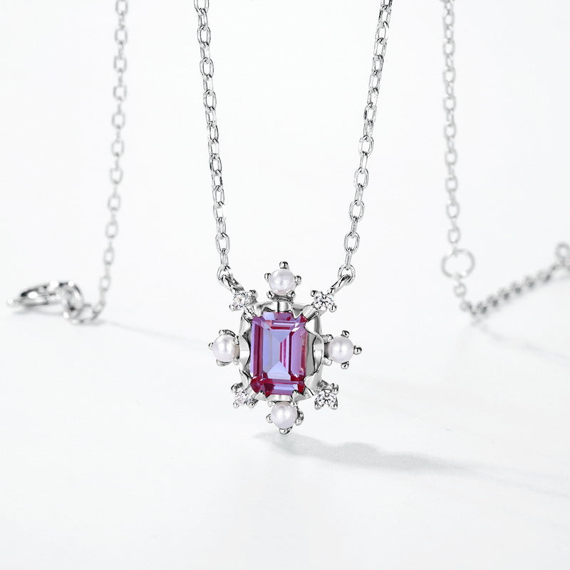 S925 sterling silver thick platinum plated cultured alexandrite necklace | Urban fantasy two-tone trendy high-end jewelry