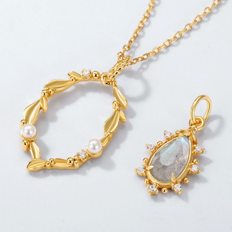 S925 純銀鍍 10K 金日韓風項鍊|拉長石珍珠仿鑽 雙吊墜花籃造型必備