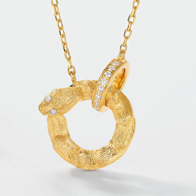 S925 sterling silver with 10K gold plated hand-brushed Chinese Zodiac Snake imitation diamond necklace | Retro light luxury clavicle necklace high-end stacking jewelry