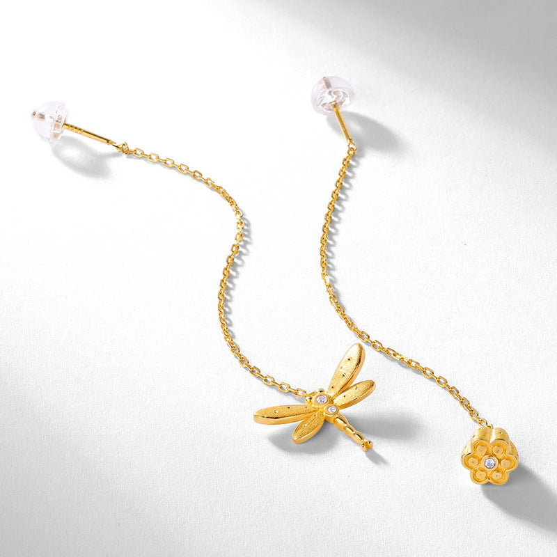 S925 sterling silver with 10K gold plated hand-brushed dragonfly earrings | Stylish asymmetrical earrings, trendy jewelry