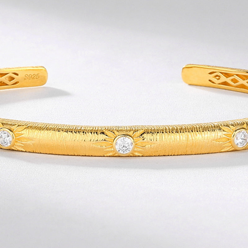 S925 sterling silver with 10K gold plated hand-brushed imitation diamond bracelet | Light luxury commuter open bracelet workplace fashion jewelry