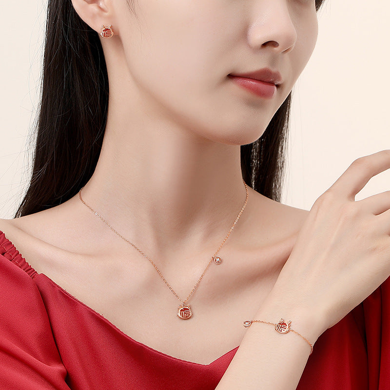 S925 sterling silver with rose gold and red agate Chinese Zodiac stud earrings | Chinese Zodiac Year inlaid with the Chinese character "Fu" (blessing)
