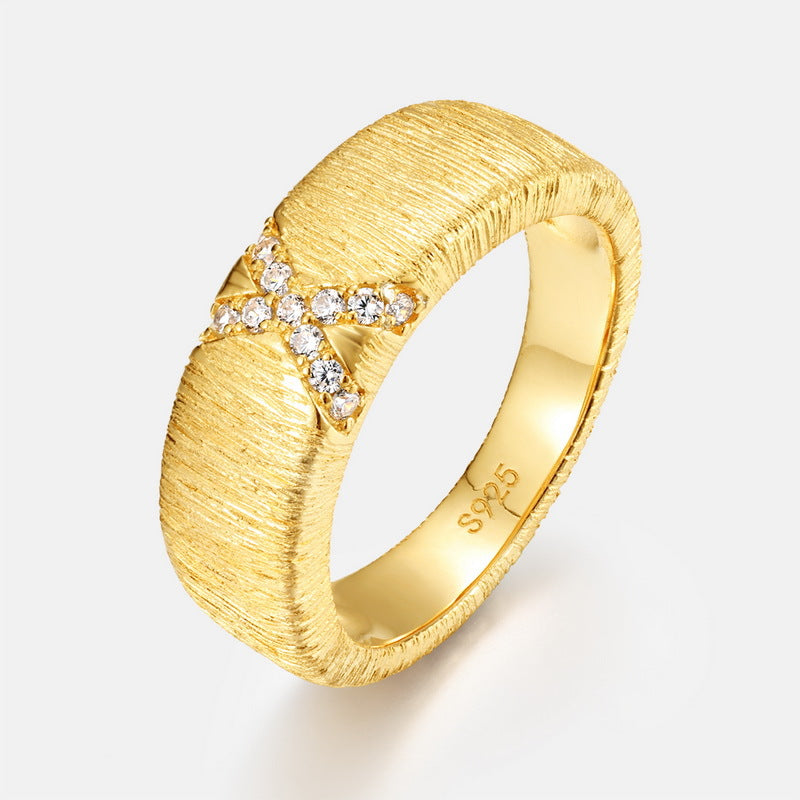 S925 sterling silver plated with 10K gold hand-brushed X-shaped ring | Imitation diamond art symbol ring light luxury personality jewelry