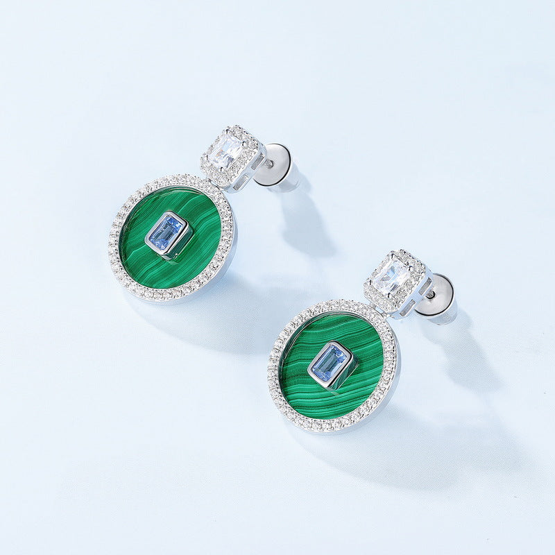 S925 sterling silver with thick platinum platinum stud earrings | Natural malachite imitation diamond European and American style high-end round earrings