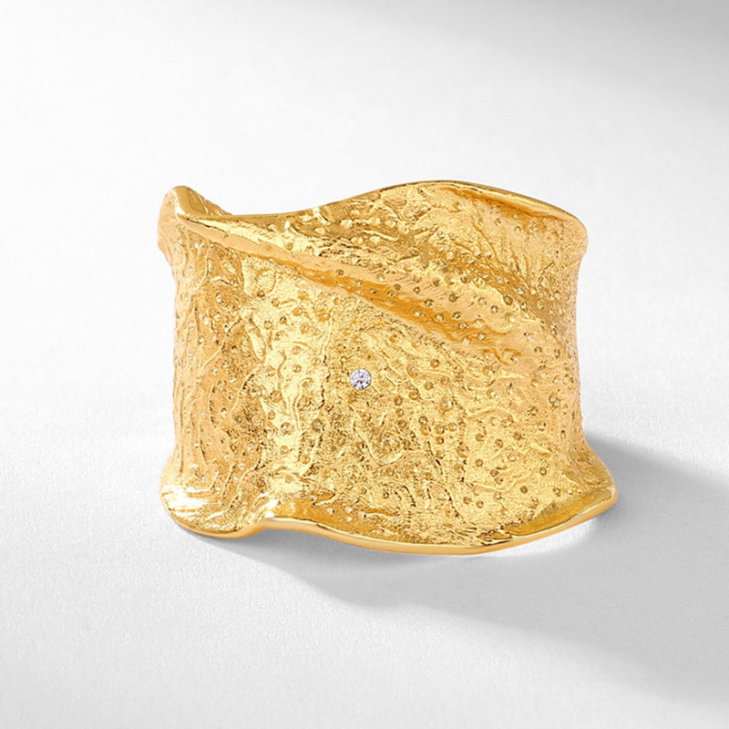 S925 sterling silver ring with champagne gold plate | Hand-brushed imitation diamond European and American retro texture jewelry