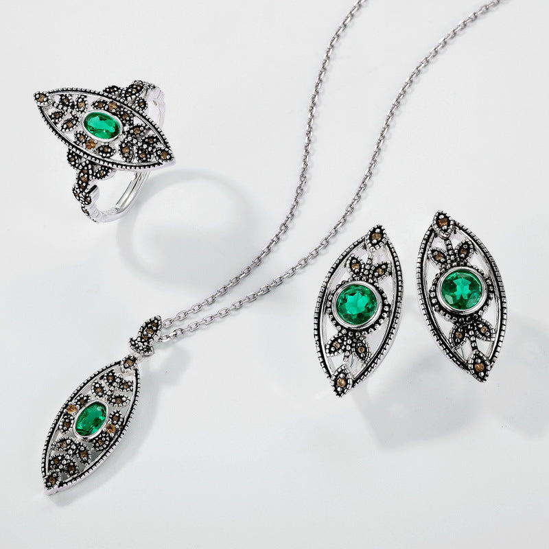 S925 Sterling Silver Plated Polished Silver European and American Style Jewelry Set | Cultivated Emerald Vintage Luxury Earrings, Ring, and Necklace